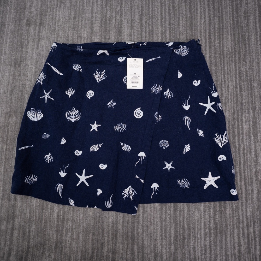 A New Day Skirt Womens 12 Navy Blue New Nautical Shell Starfish Linen Blend Mini